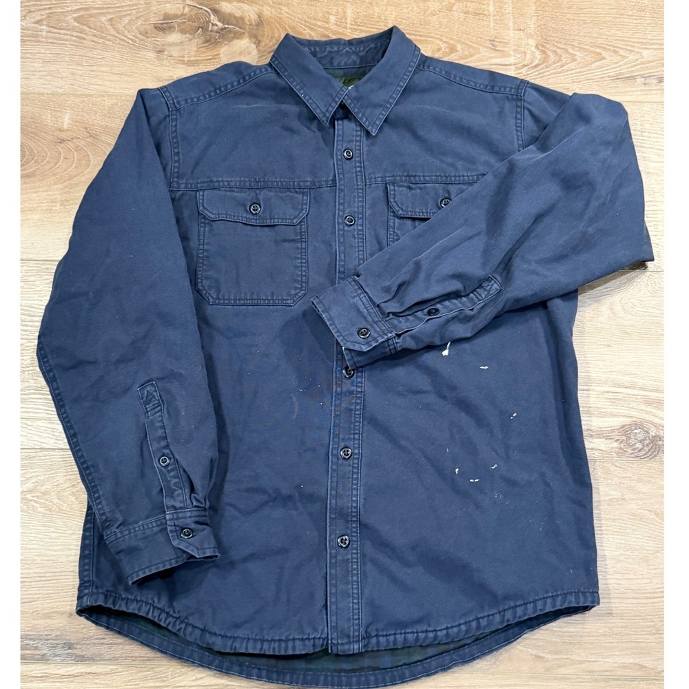 Eddie Bauer Mens Med Flannel Lined Canvas Paint Distressed Work Shirt Navy Blue